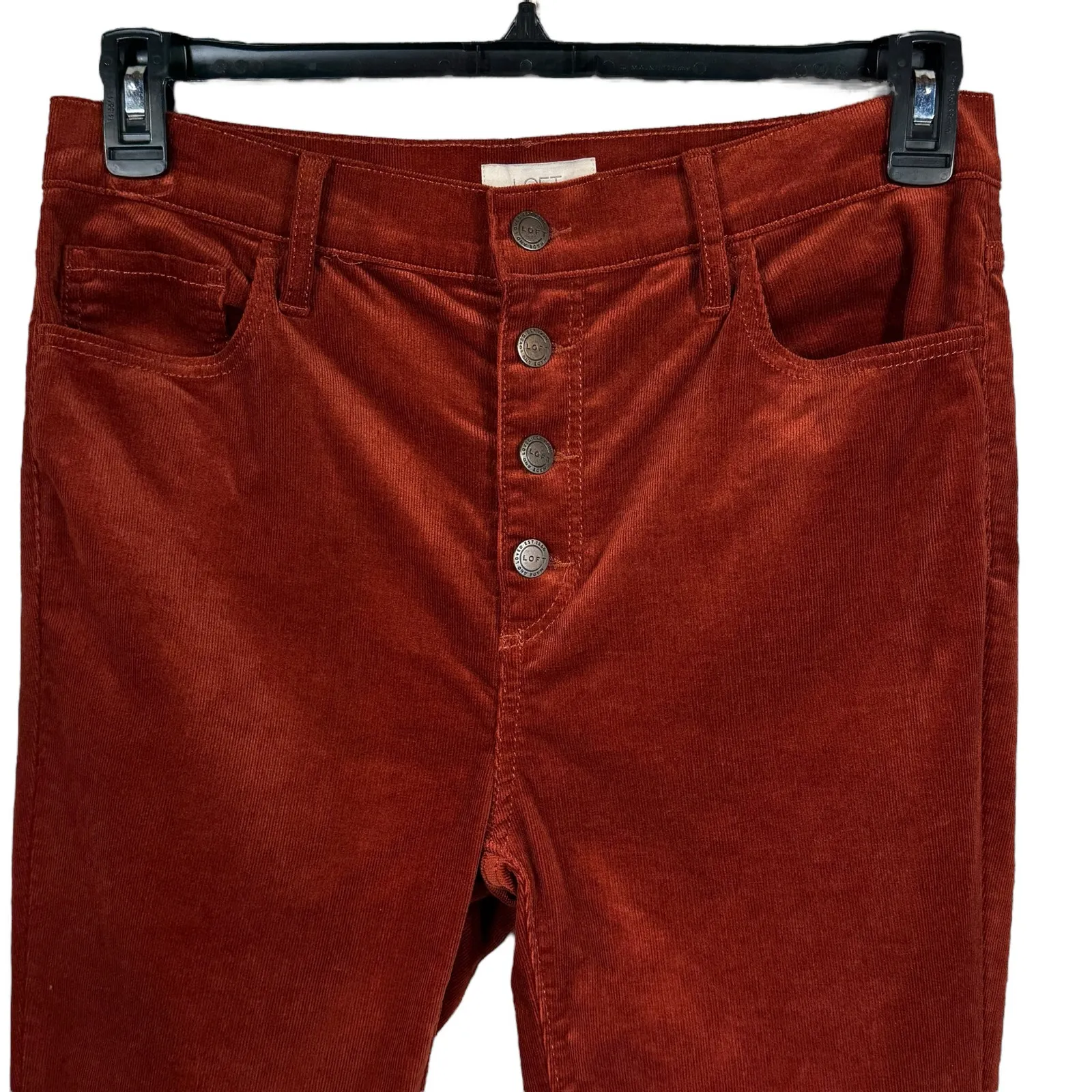 Loft Outlet SZ 6 Hi-Rise Skinny Corduroy Pants Stretch Button-Fly Pockets Rust - Image 2