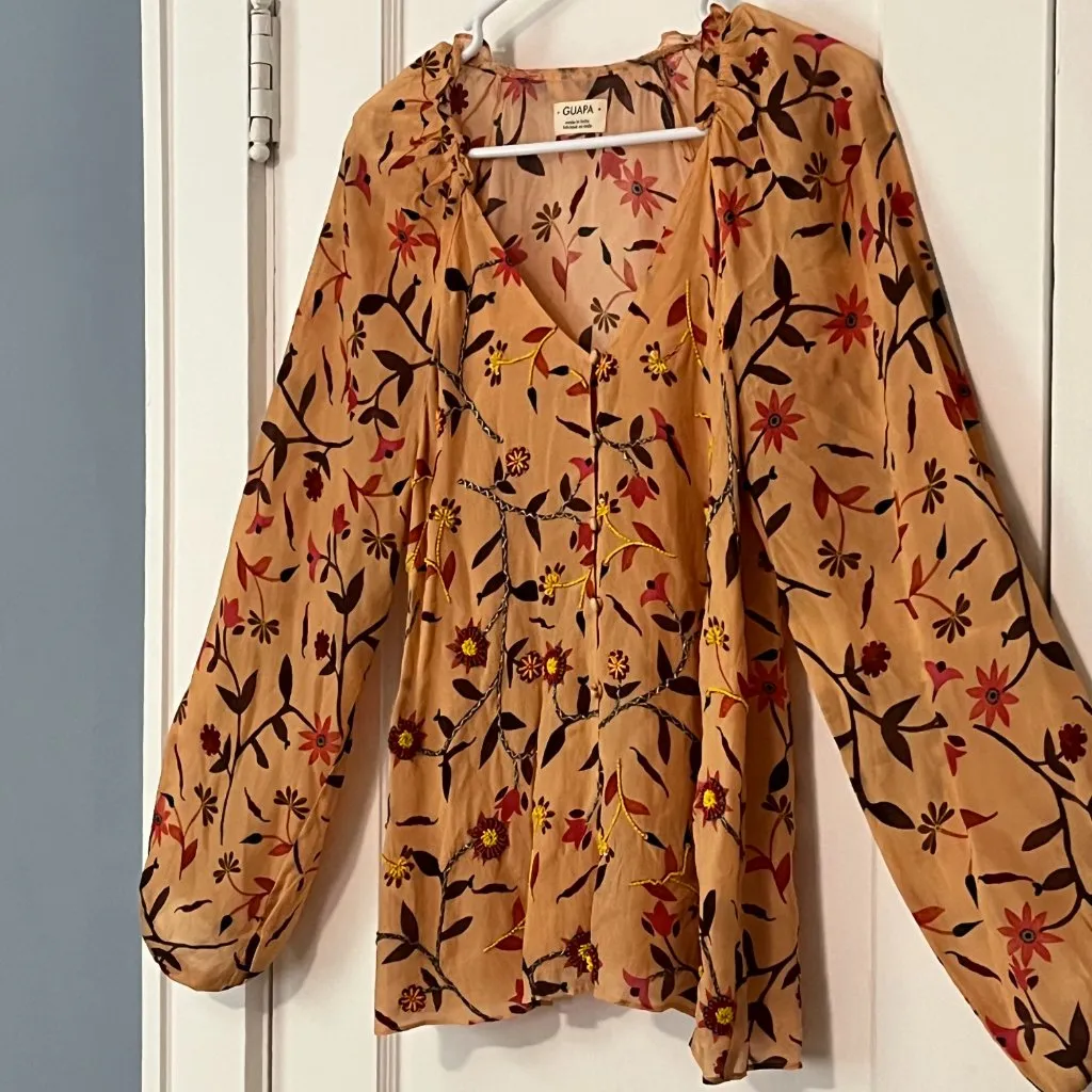 Guapa (anthropologie) beatrice button down floral beaded tunic blouse sz XS boho - Image 3