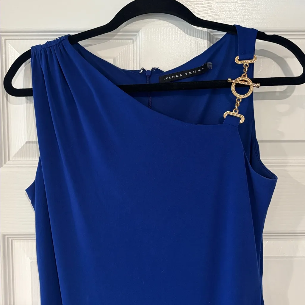 Size 6 ivanka trump royal blue mini dress with gold shoulder detail - Image 6