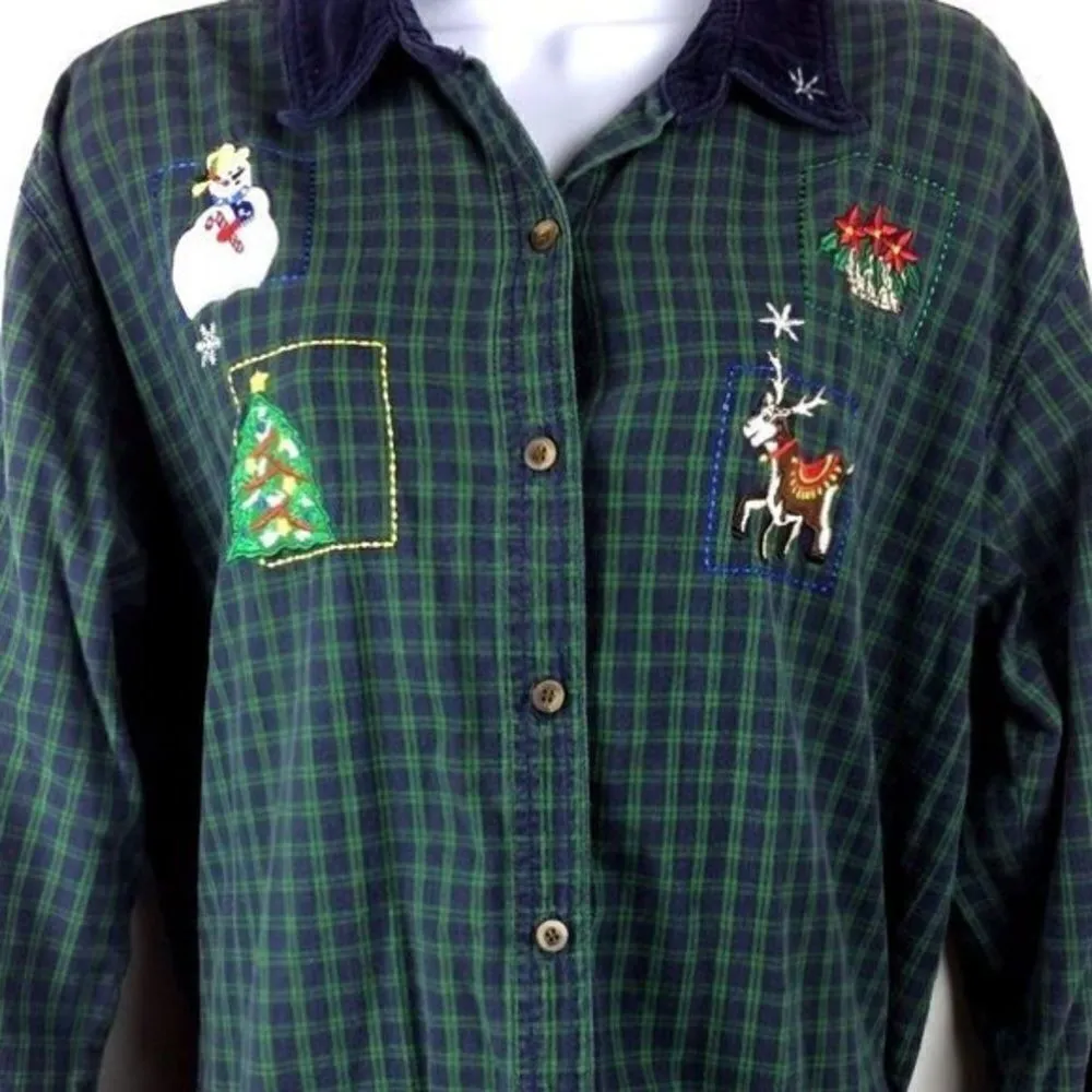 Vintage Nutcracker plaid patches Christmas shirt Blue Size 16W - Image 3