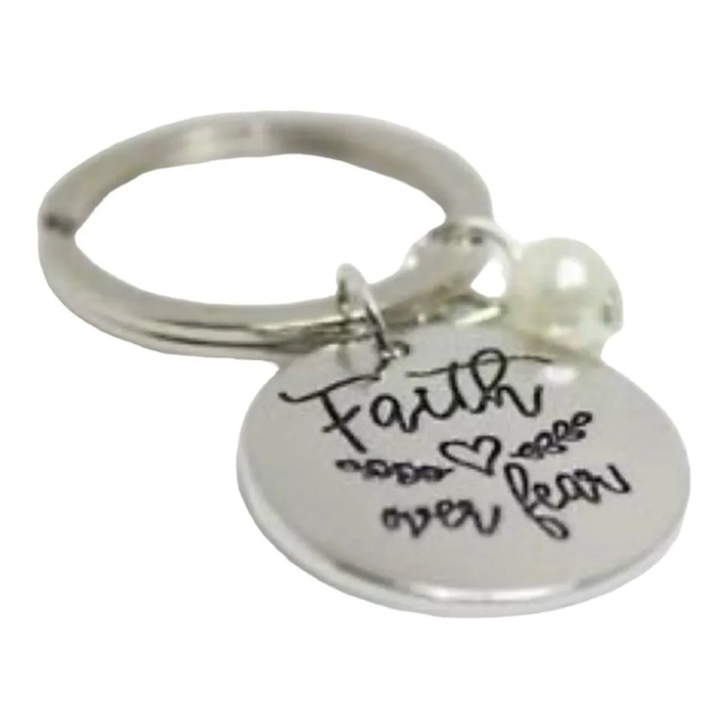 Brand New Boutique Hand Stamped .925 Faith Over Fear Silver Keychain White - Image 2