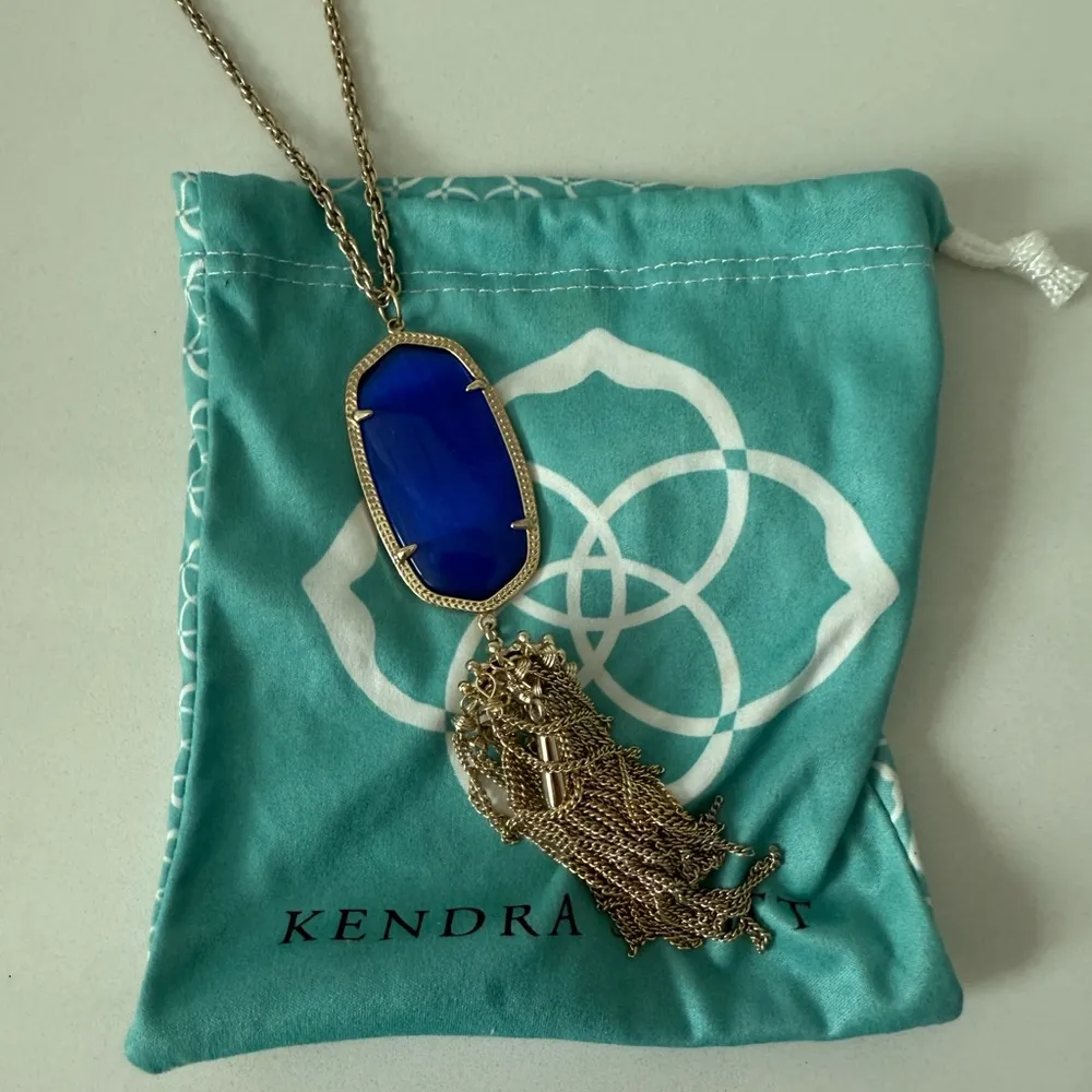 Kendra Scott Rayne Cobalt Blue Cat's Eye Pendant
Gold Tassel Long Necklace - Image 3