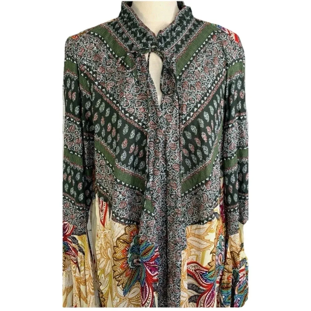 Boho Tunic‎ Dress Floral Paisley Print Long Sleeve Keyhole Neck Flowy - Image 7