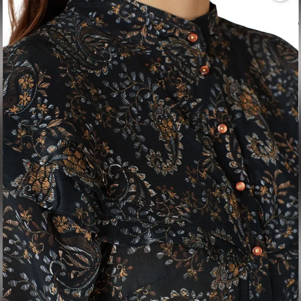 NICHOLAS Prairie Boho Cottagecore Black Gold Long Sleeve Tier Ruffle Dress 2 Green - Image 5