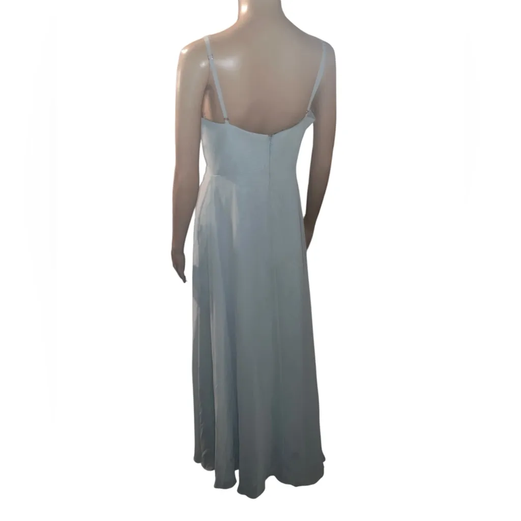 Azazie Draped Spaghetti Strap Bridesmaid Gown Ruched Bodice V-Neck Sage Green A6 - Image 2