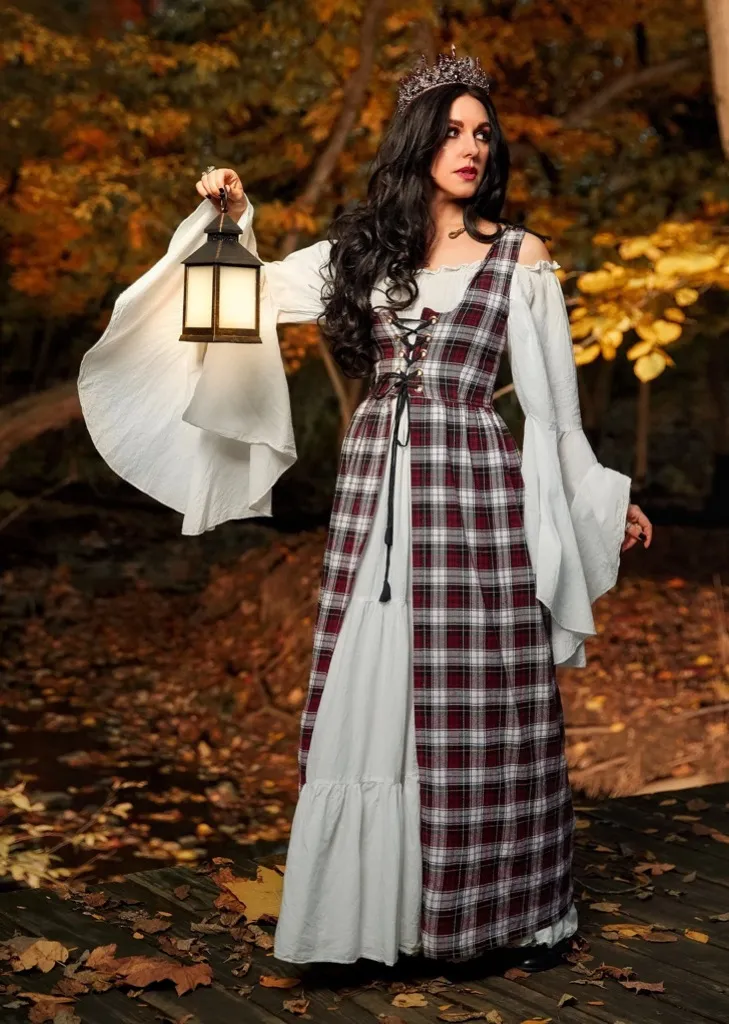 This is a plaid midi dress with a lace - Image 2