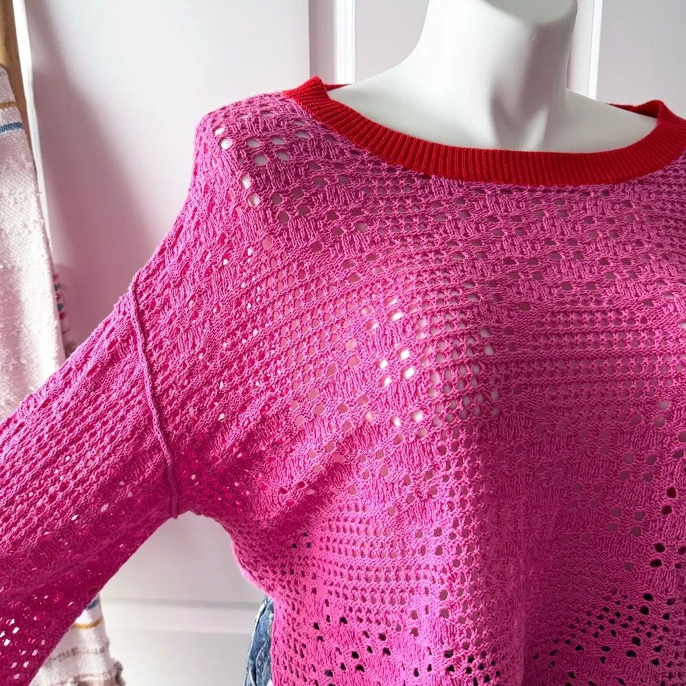 Free People Home Run Pink Red Crochet Knit Slouchy Pullover Sweater Size Small - Image 4