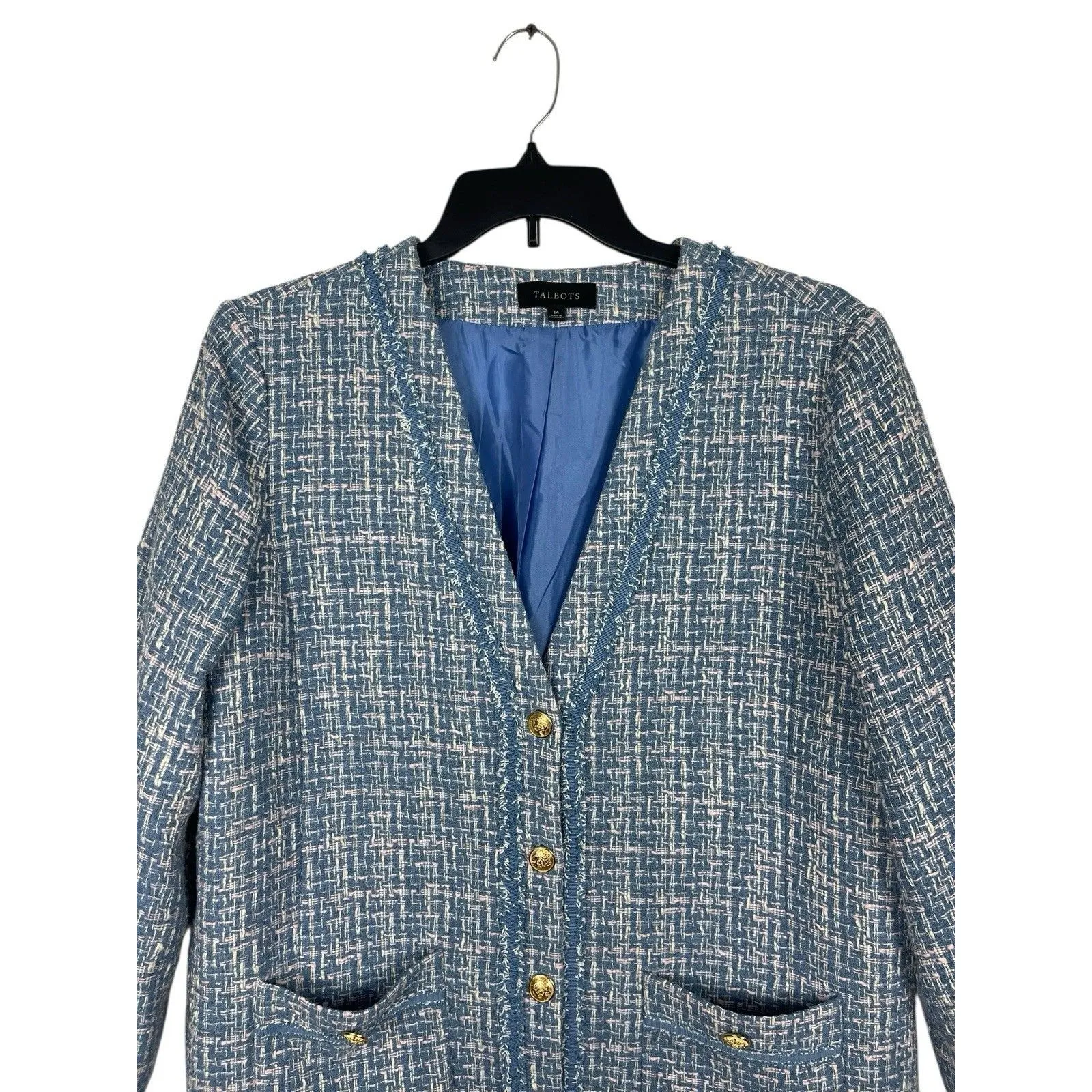 Talbots Women’s 14 Blue Tweed Button Up Blazer Jacket Lined Gold Buttons Bouclé - Image 3