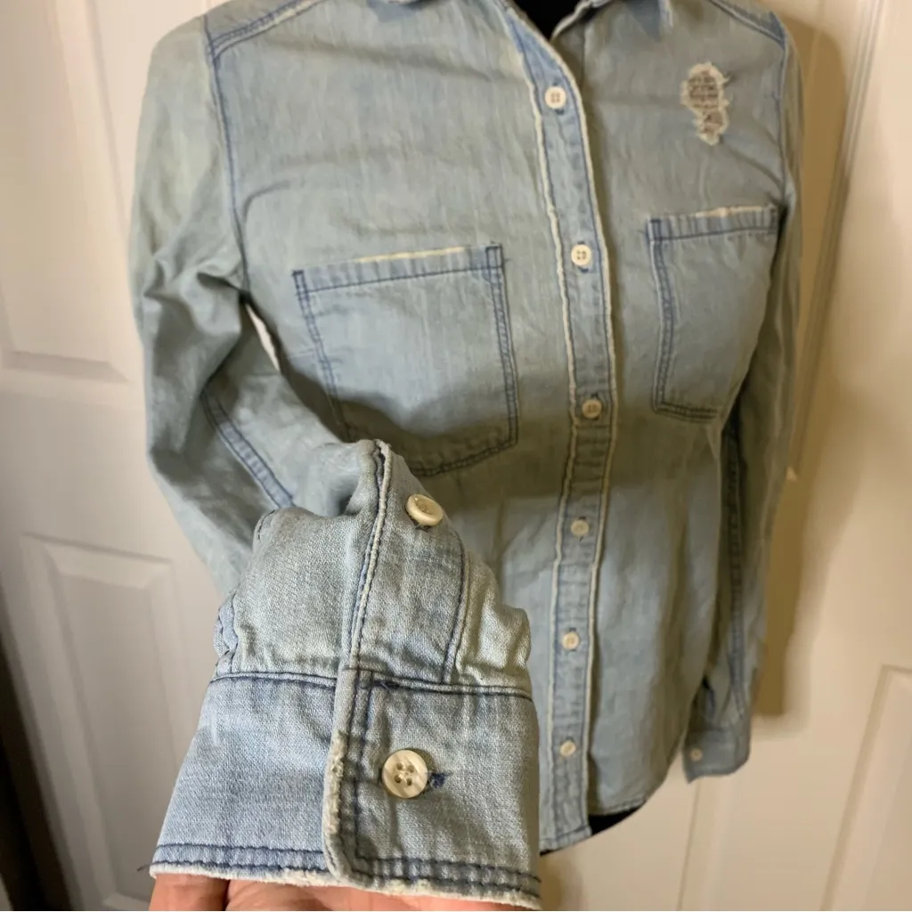Divided Distressed Jean Button Up Blouse - Image 4