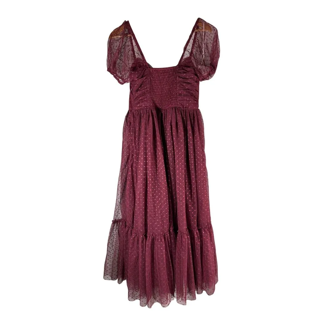 Lulus Sweet Amor Burgundy Tulle Swiss Dot Tiered Bustier Midi Dress - Image 2