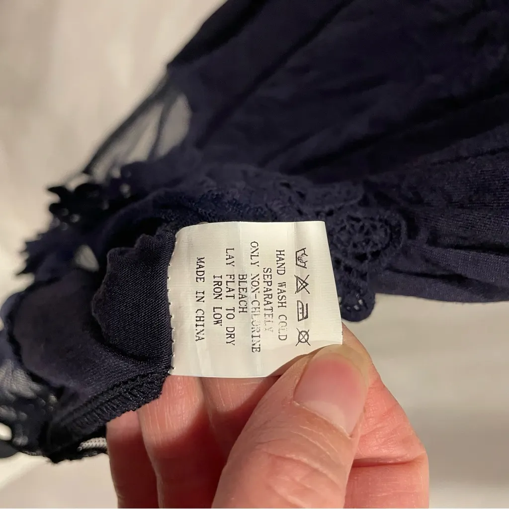 Cute navy mesh and lace hem top Origami by Vivian flowy Whimsigoth fairy Blue - Image 4