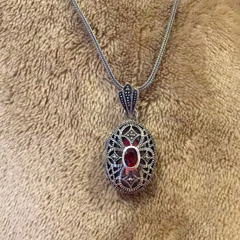Red Garnet Marcasite Locket Sterling Silver Filigree Design - Image 5