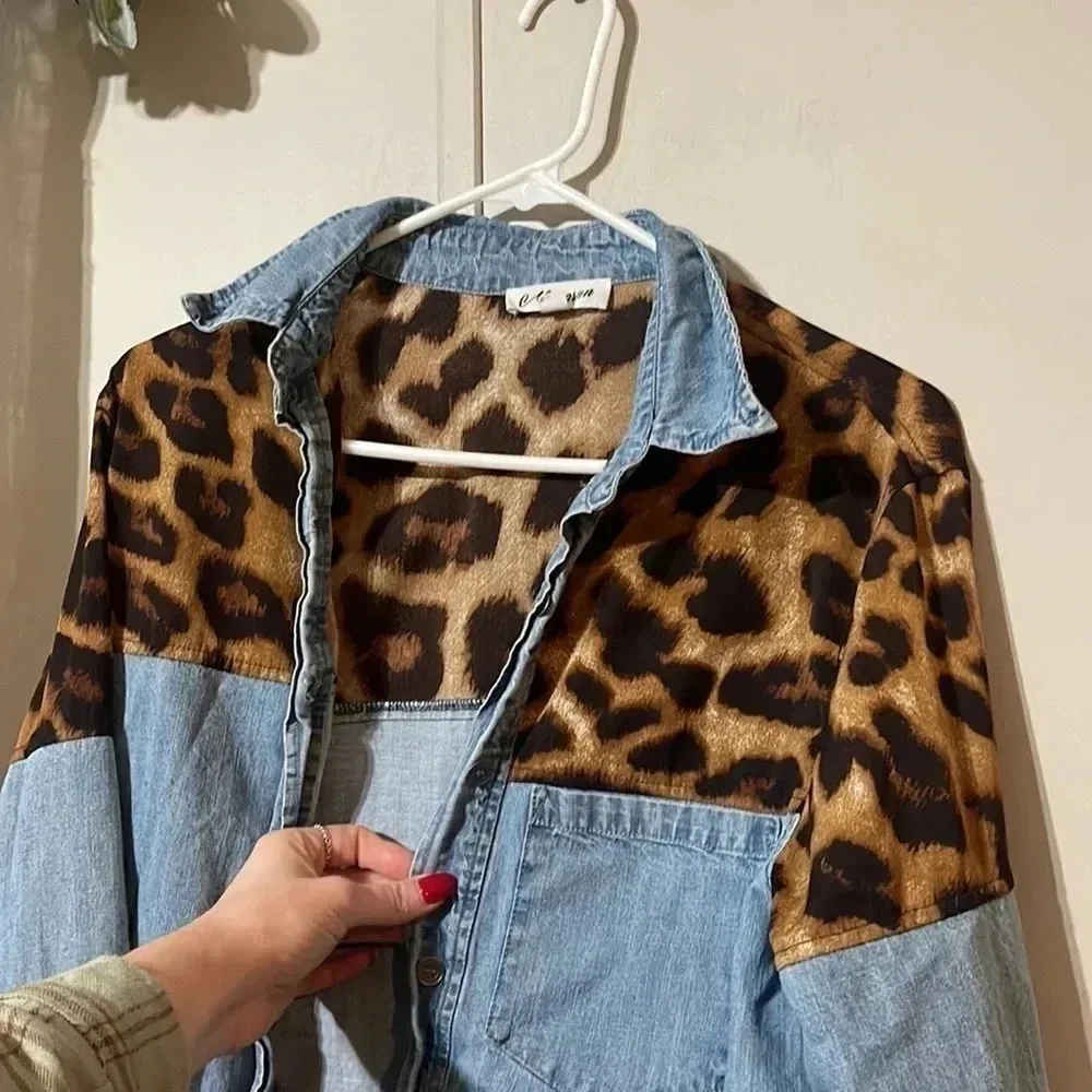 Washed Denim Button Down Shirt with Leopard Cheetah Contrast Blue - Image 14