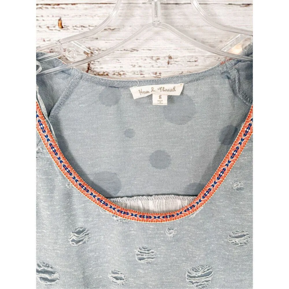 Hem & Thread Women's Distressed Color Block Short Sleeve Shirt Blue White Small - Image 6