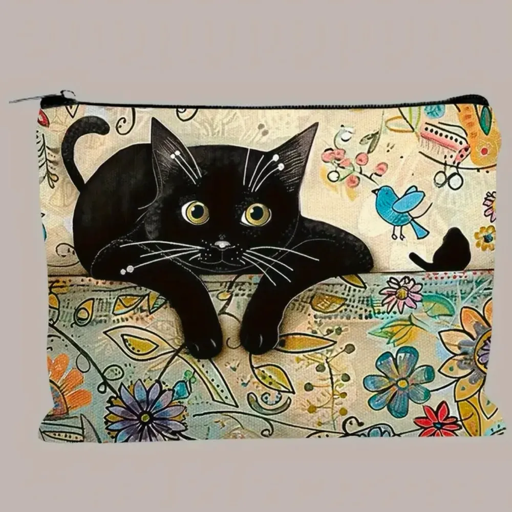 Whimsical Chic Cat Canvas Makeup Bag Spacious Pouch Black - Image 5