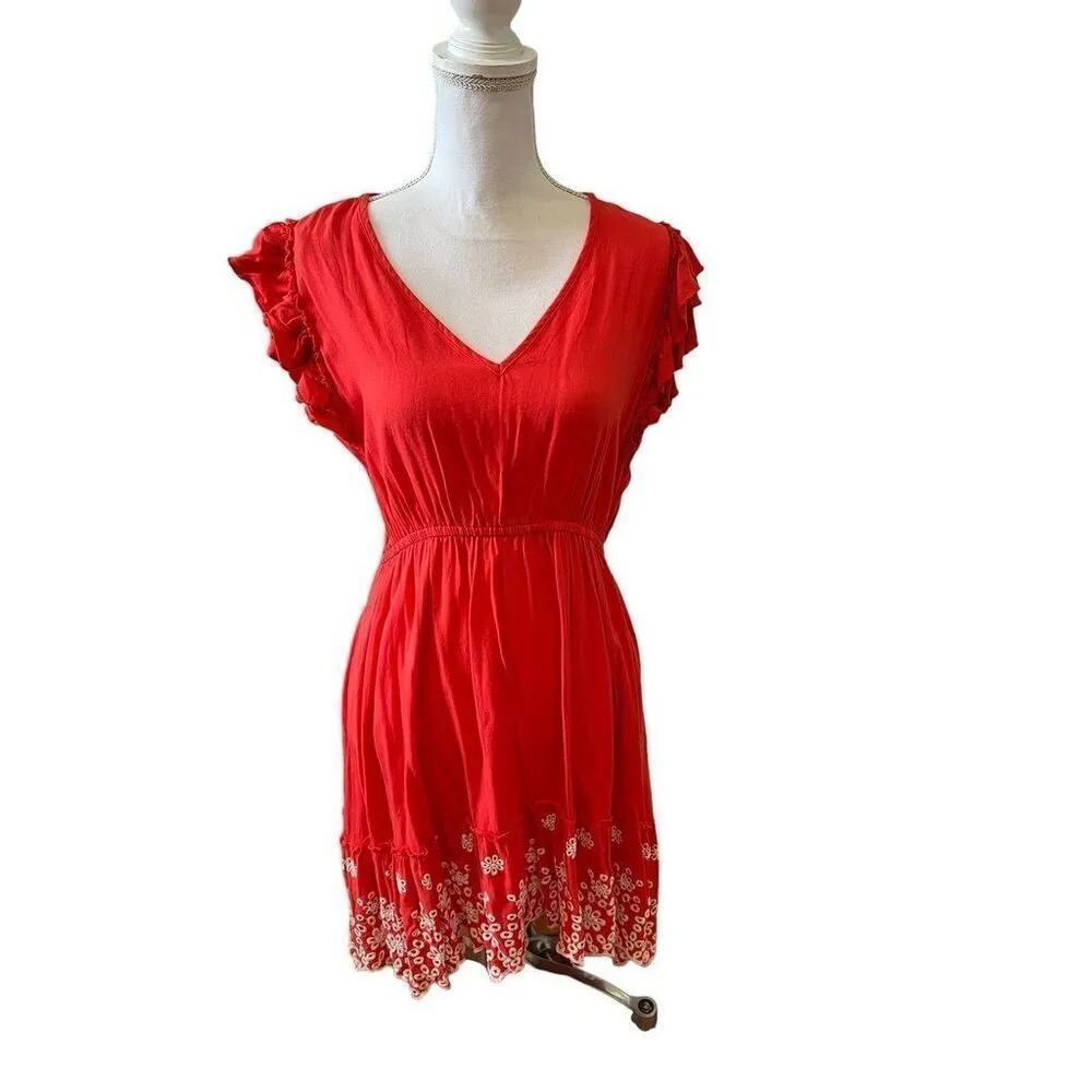 ✨Solitaire Summer Eyelet Casual Short Sleeve Ruffle Detail Sz M Dress Coral✨ - Image 2