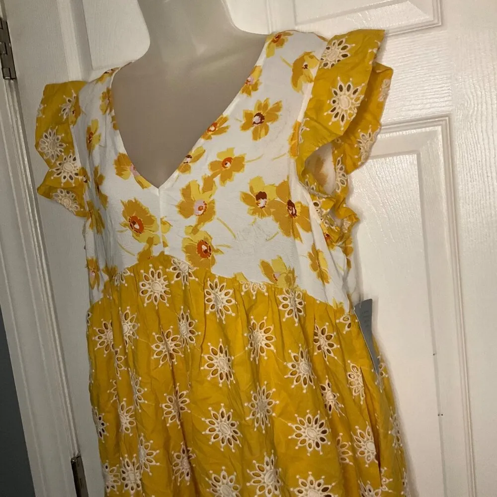 Melloday Floral Yellow & White Tiered Dress  Square Neck & Ruffled Boho flowy L - Image 10