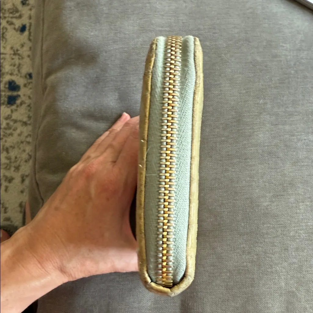 Miu Miu Metallic Gold Croc-Embossed Wallet with light blue interior. - Image 7