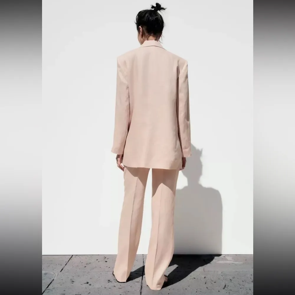 Zara LINEN BLEND ROLL-UP SLEEVE OPEN BLAZER Light Pink Size S NEW - Image 9