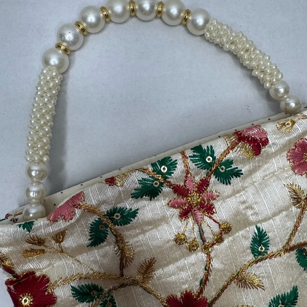 Floral Embroidered Cream Handbag Red - Image 11