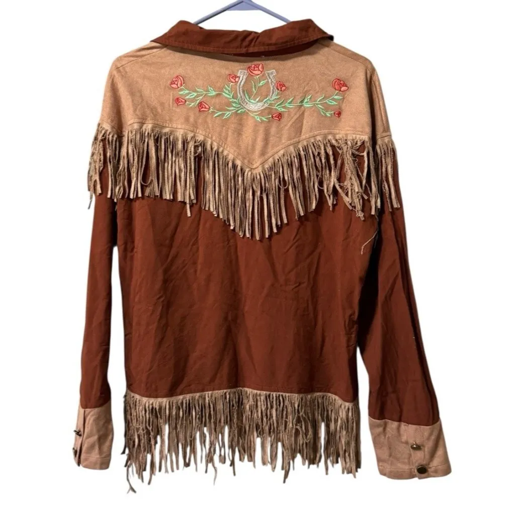 John Moon‎ Shirt Women Medium Brown Texas Western Floral Fringed Cowgirl Rodeo - Image 2