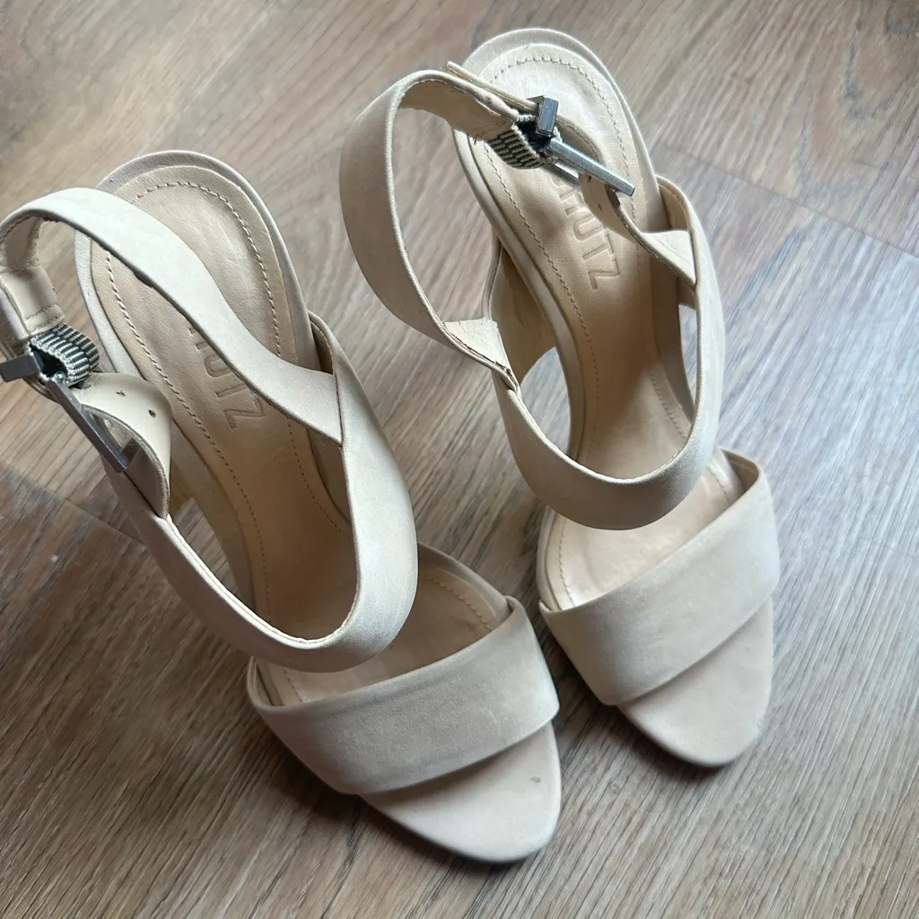Schutz Farabeca heels. Buckle sling back open toe nude/cream heels. Size 6. - Image 2