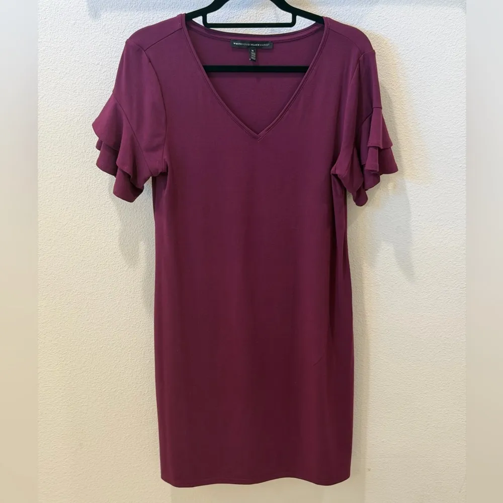 White House Black Market Purple V-neck Ruffle Sleeve Dress Size M - Image 2