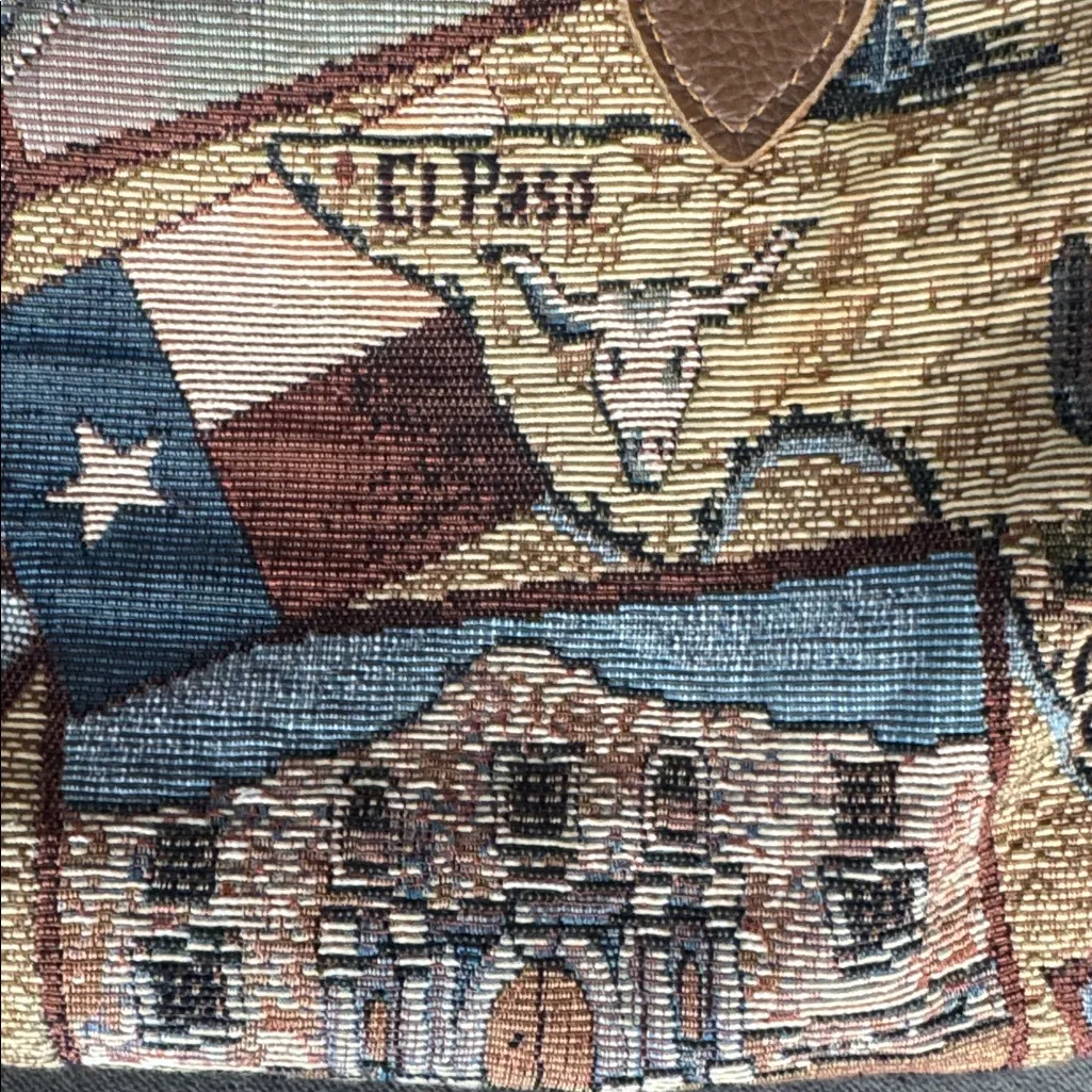 Unique Texas Themed Purse Handbag Tapestry Fabric Leather Handles and Trim Brown - Image 13