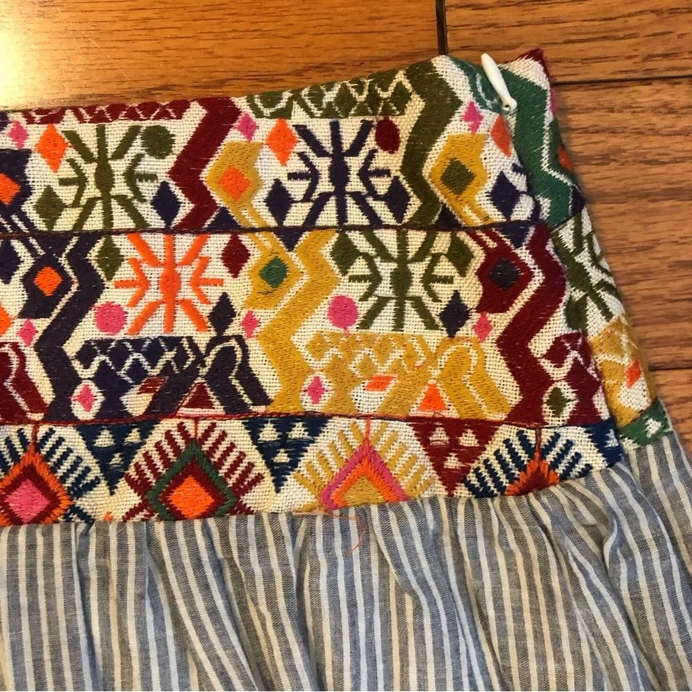 SIGNATURE STUDIO Embroidered Waist Striped Boho White Blue Skirt Women’s Size L - Image 2