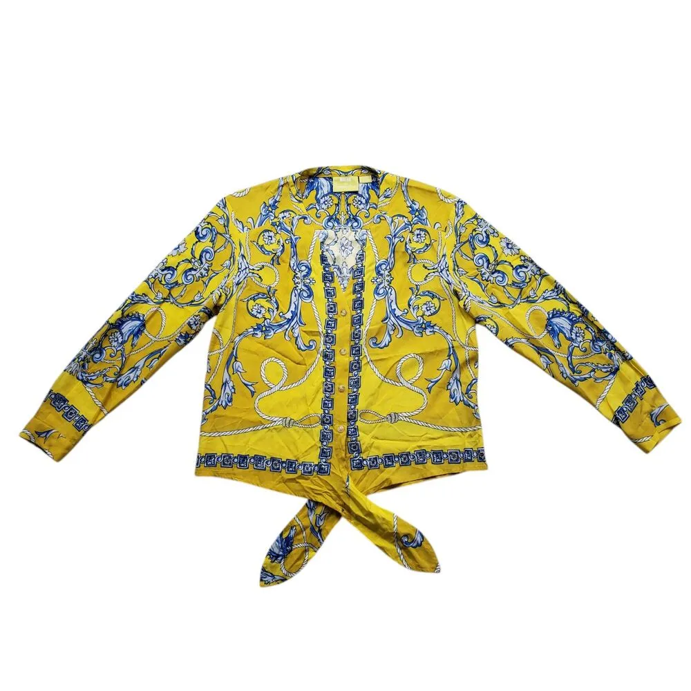 Maeve Anthropologie Elan Scarf Print Tie Front Blouse Womens 0 Yellow V Neck - Image 5