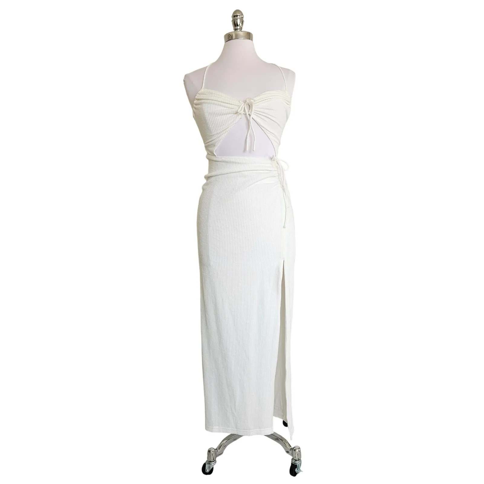SABO Ribbed Cutout Halter Midi Dress White Tie Back Slit Size 4 - Image 6