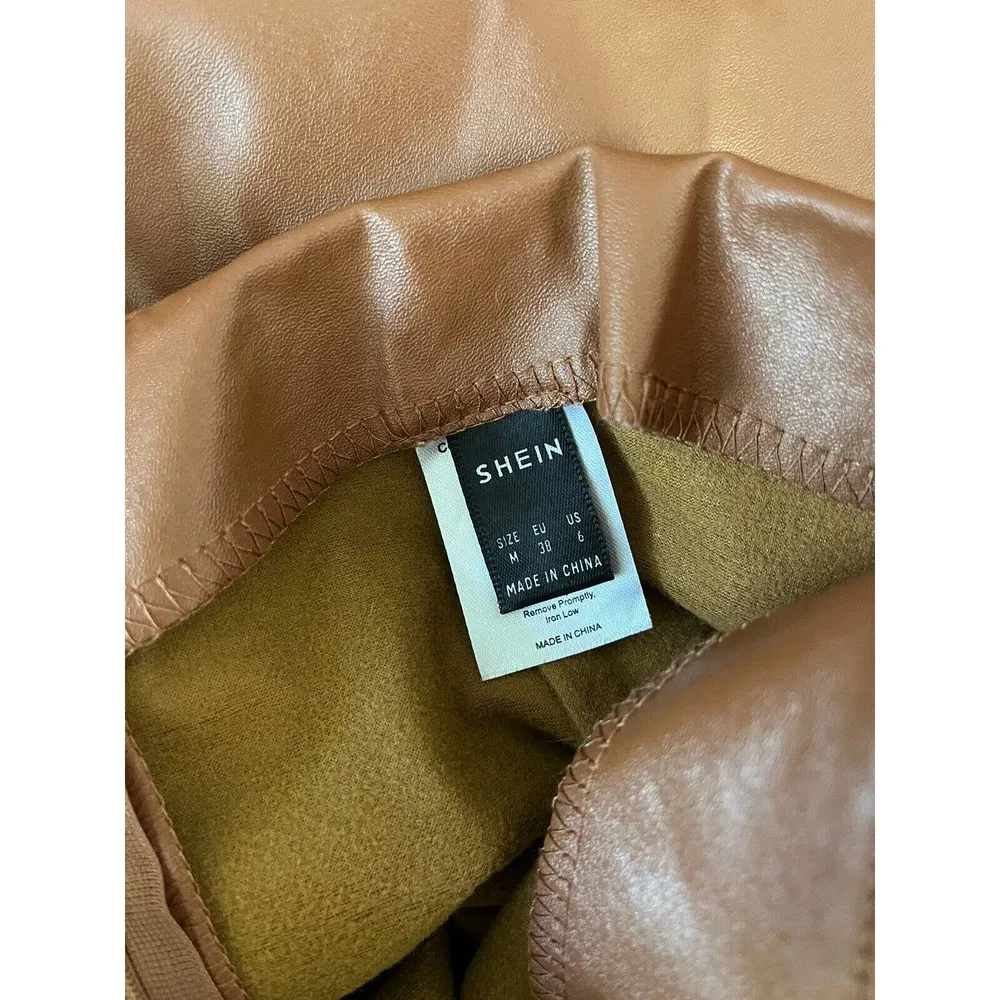 Shein Brown Ruched Knee Length Vegan Leather Skirt Women’s Size 6 - Image 5