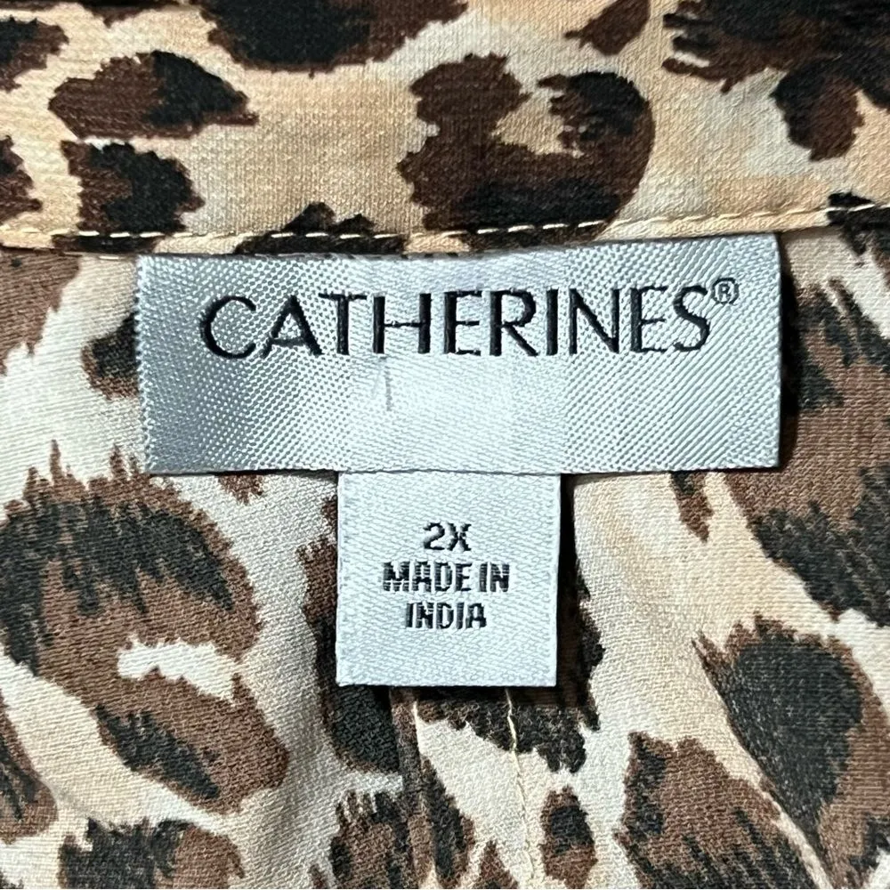 Catherines Leopard Print Roll Tab Sleeve Button Up Top 2X Relaxed Office Mature - Image 7