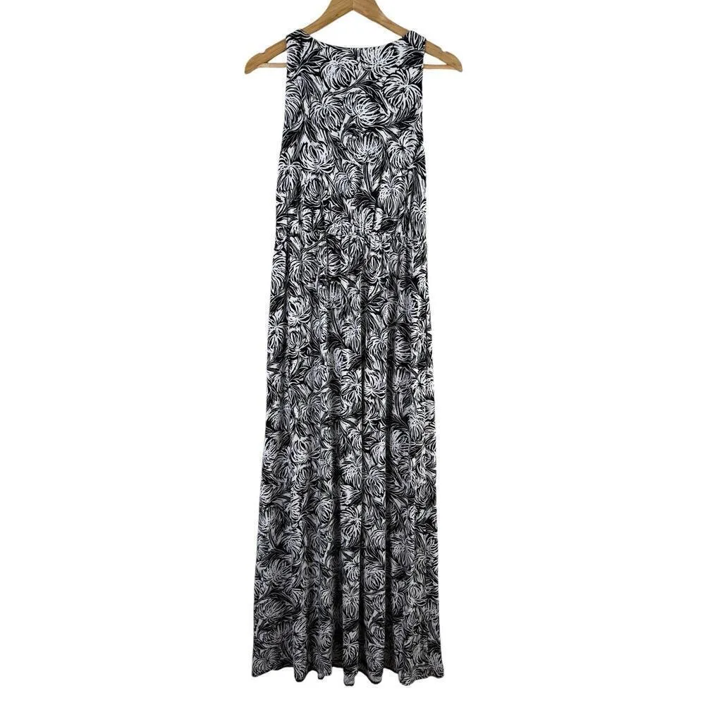 Nicole Miller Sleeveless Pleated Jersey Maxi Dress in Black White‎ Palm Print, M - Image 7
