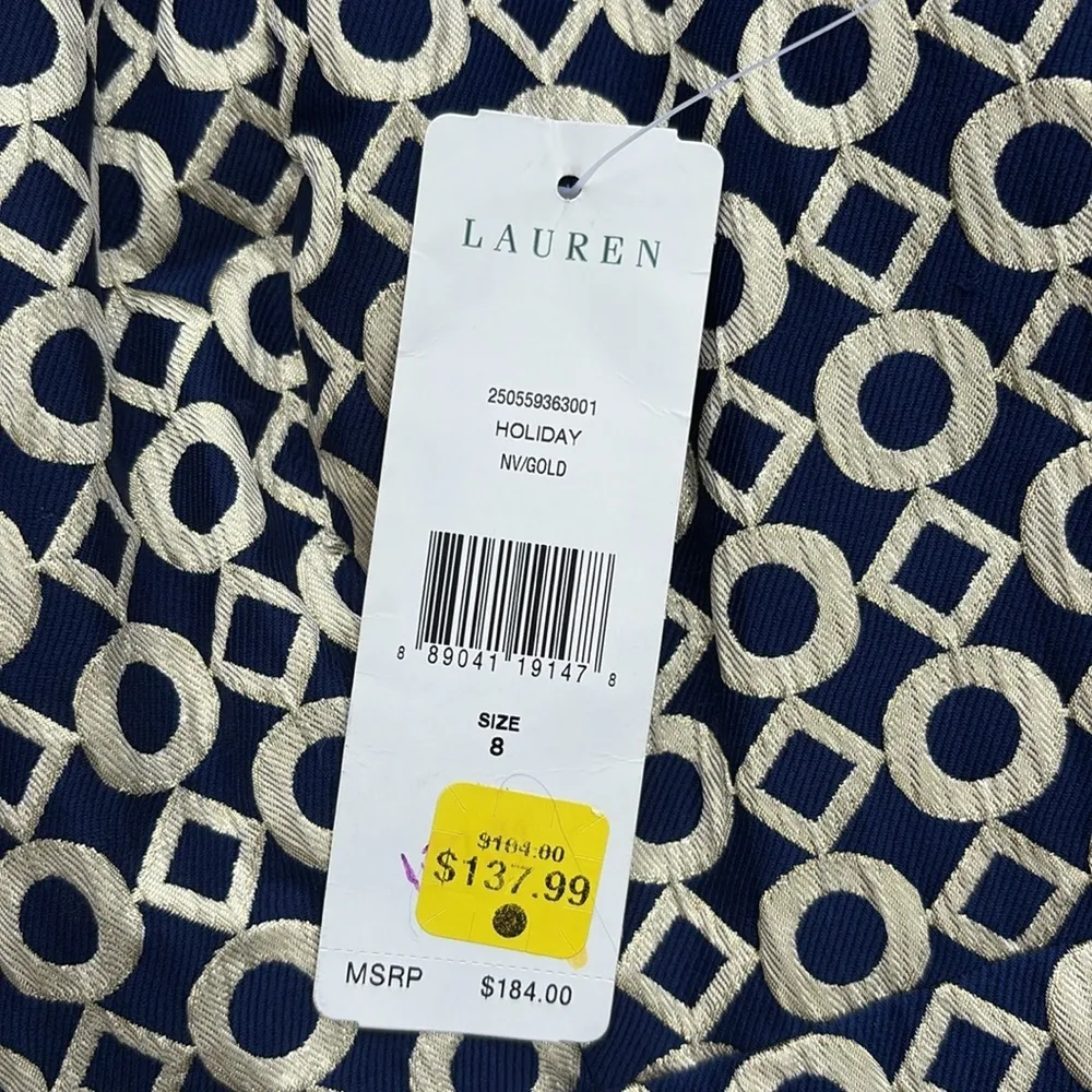 NWT Lauren Ralph Lauren Navy Metallic Gold Dress Size 8 Retail $184.00 - Image 3