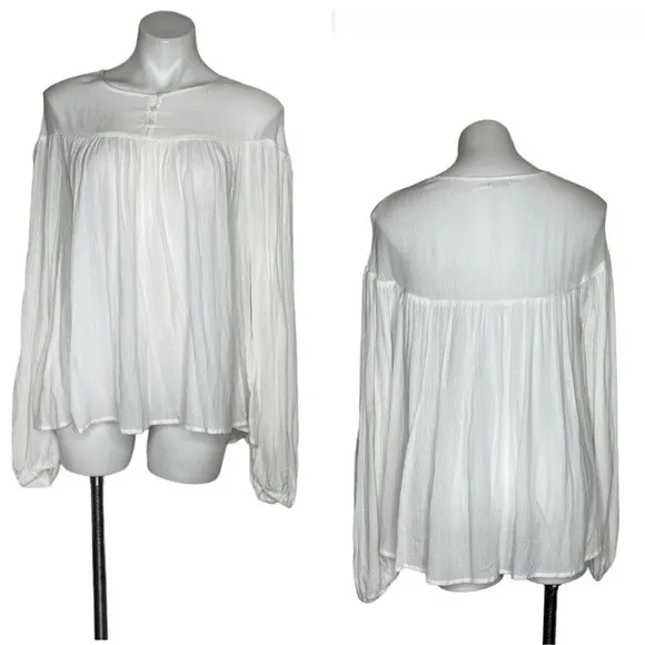 Kimchi Blue  White Top Pullover Romantic Boho Balloon Sleeve Draped Size Medium - Image 9