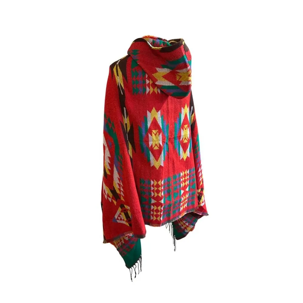 Vintage Aztec SouthWestern Hooded Poncho Cape Tassels & Toggle Closure One Size Red Size undefined - Image 6