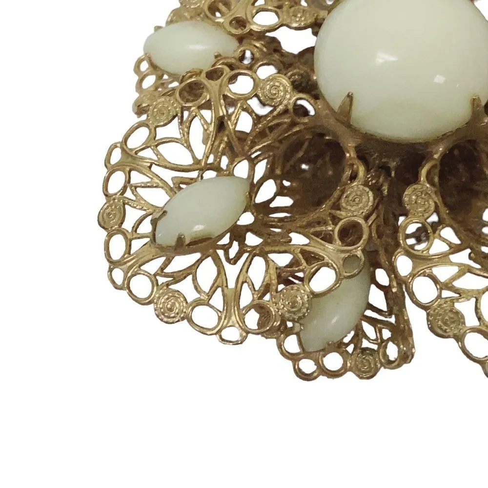 Vintage MCM Filigree Milk Glass? Goldtone Pin Brooch- FLAWED - Image 8