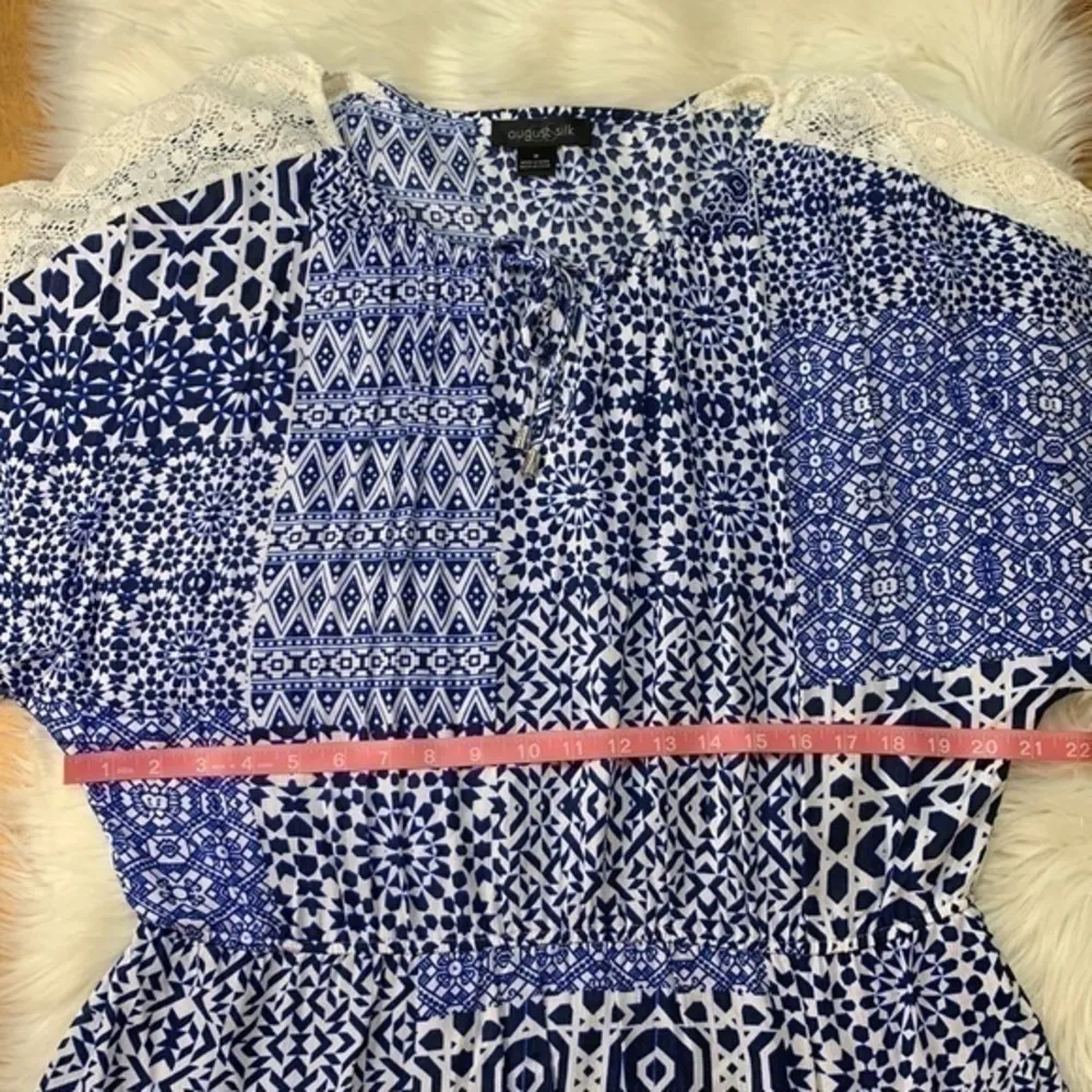 August Silk dolman tunic tie front lace detail boho flowy M - Image 6