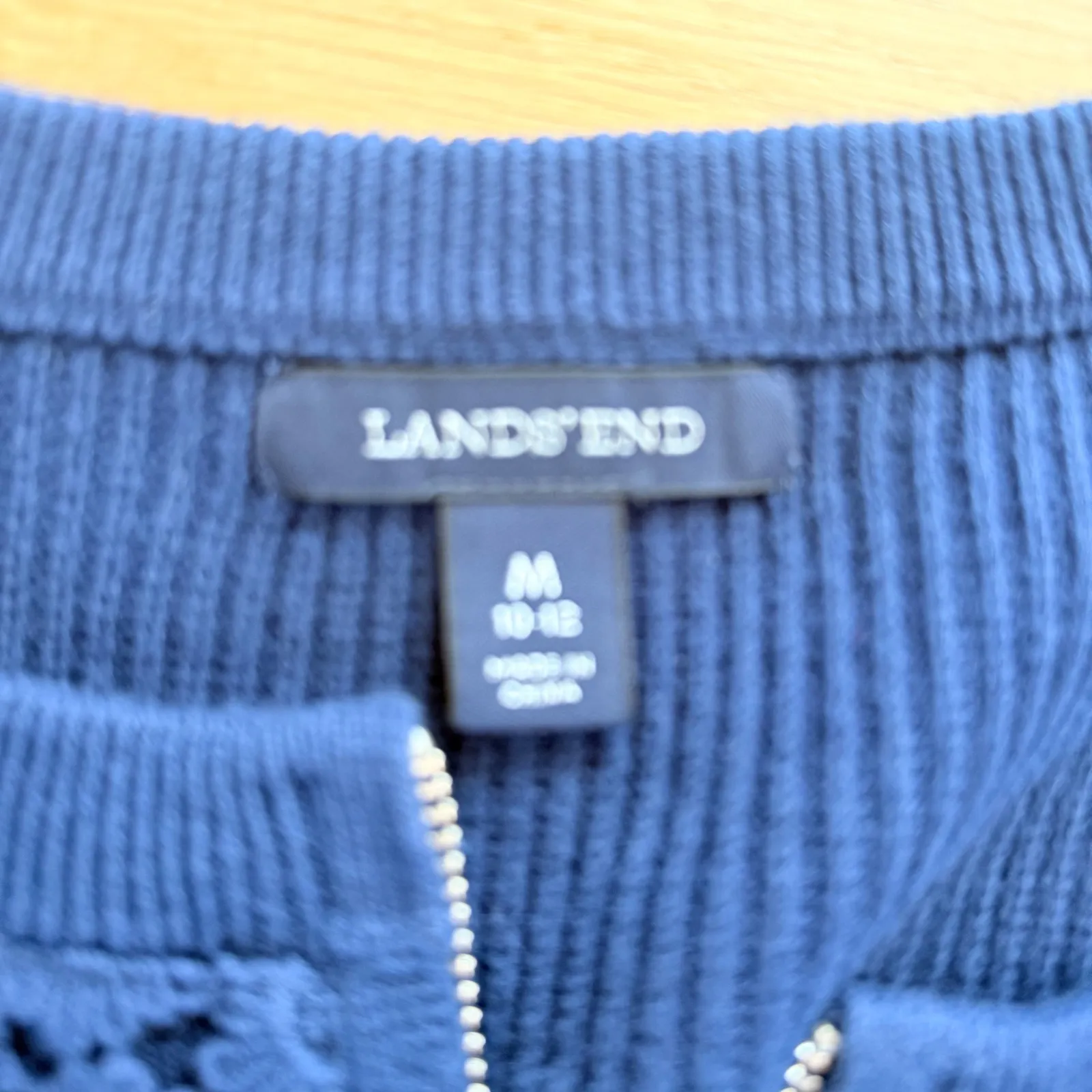 Lands End Navy Blue Floral Lace Zip Up Cardigan Sweater Women's Medium - Image 2