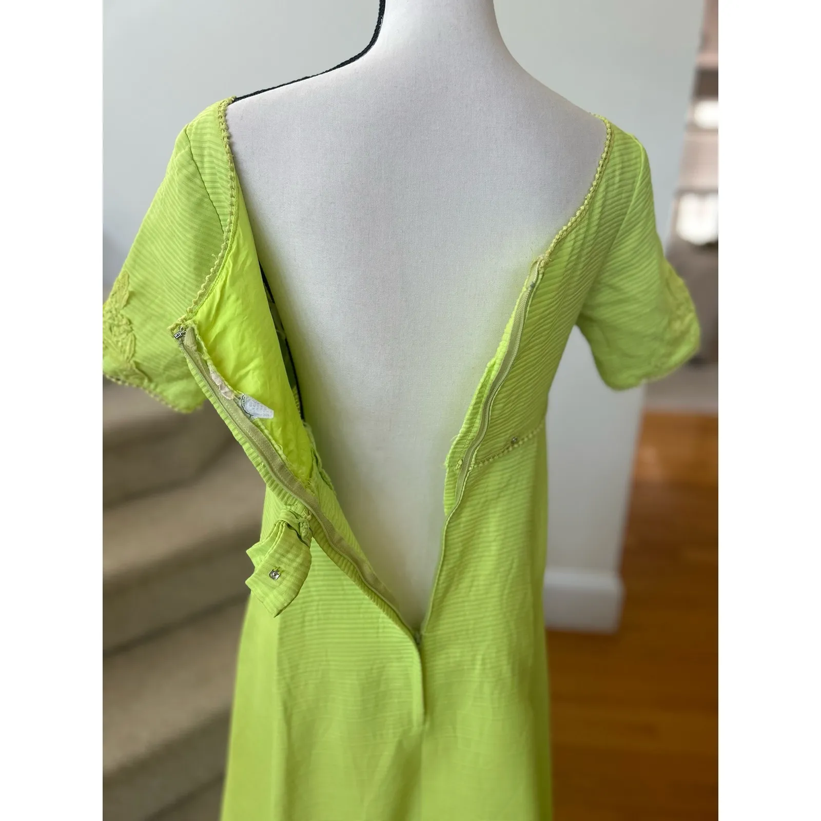 Vintage 60s Neon Lime Green Lace Floral Appliqué Maxi Hostess Gown Party Dress - Image 6