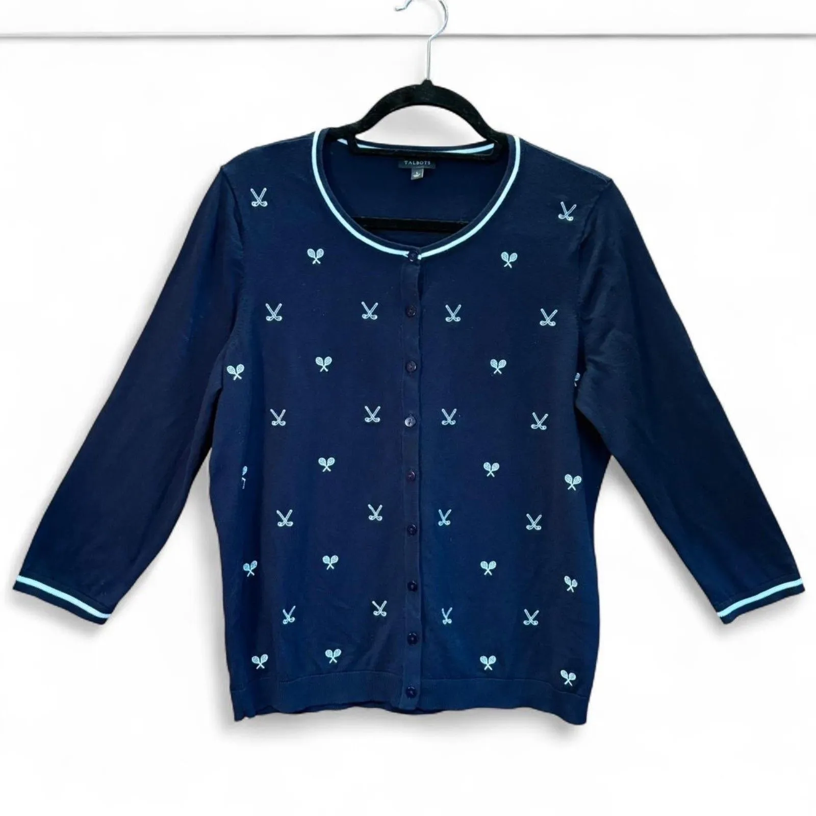 Talbots Navy Embroidered Preppy Charming Cardigan Tennis Golf Classic Knit sz L - Image 2