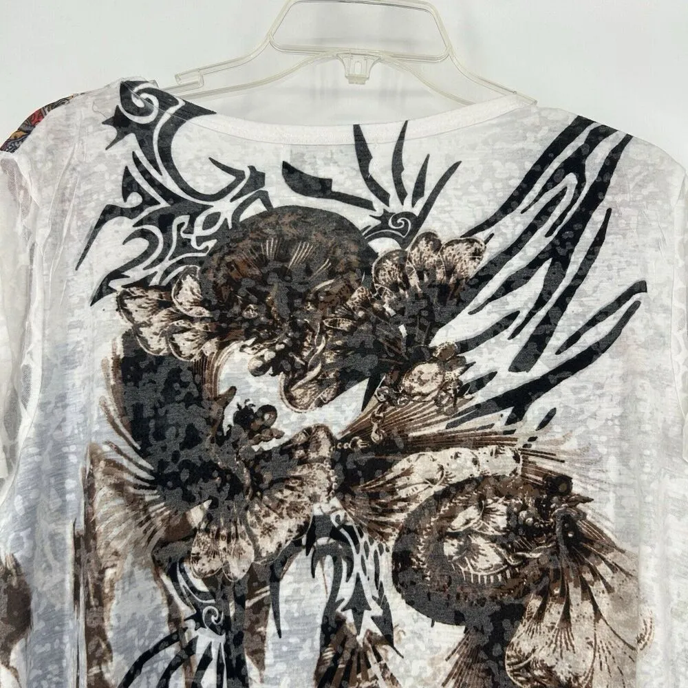 Palila Boho Layered Tunic Top White Mixed Media Mixed Pattern Mesh Sequins XXL - Image 7