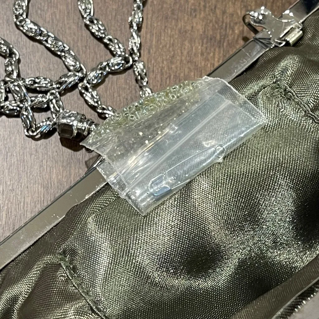 Vintage Beaded Evening Clutch Shoulder Bag Olive, Silver Color Jeweled Kisslock Green - Image 11