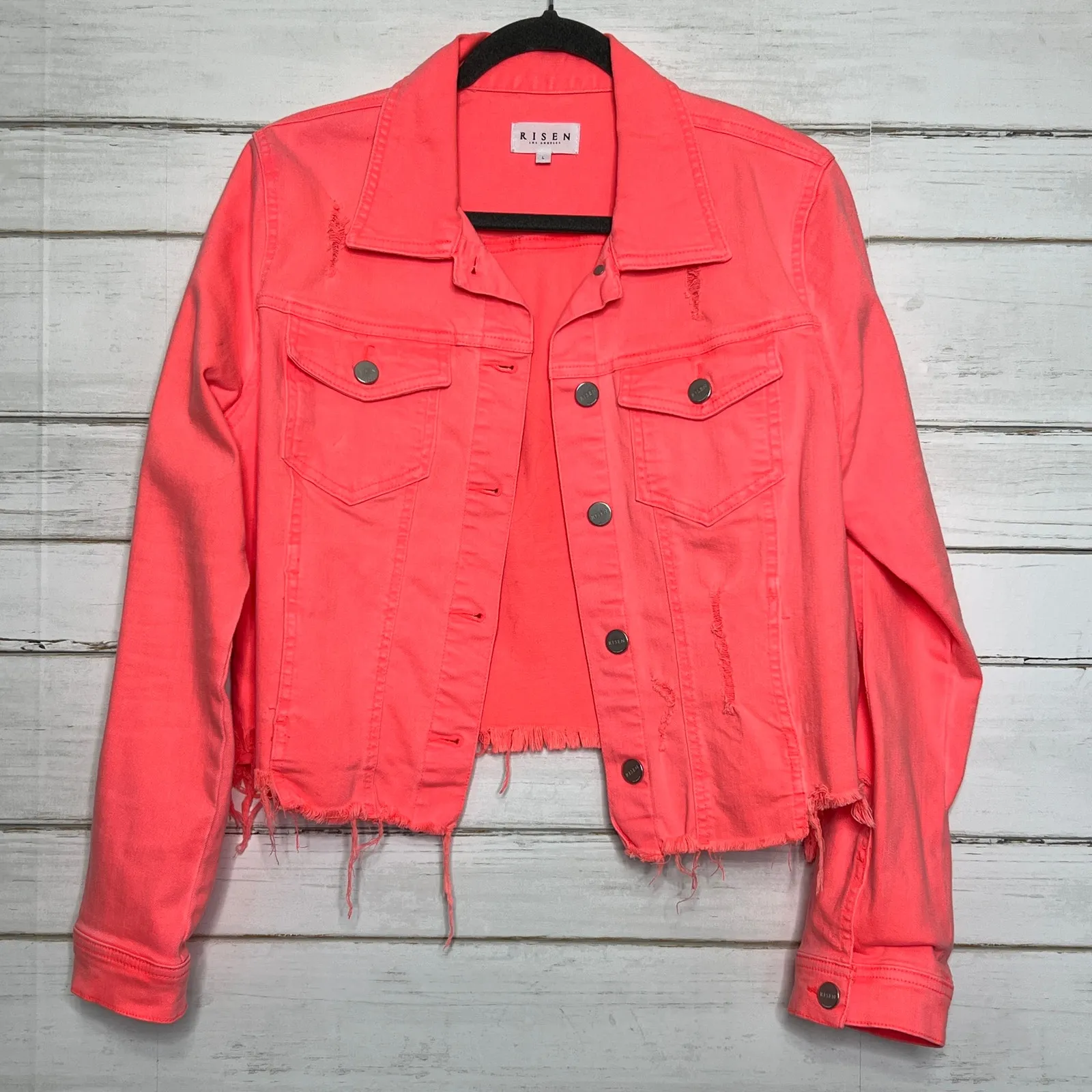 Risen Coral Stretch Denim Jean Jacket Size Large Pink - Image 10