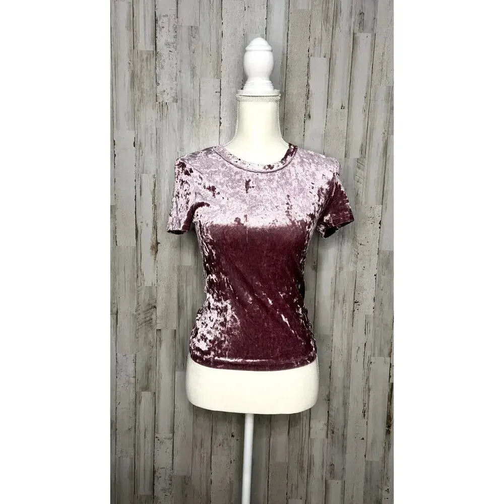Free People Women's Size Small Pink‎ Velvet Short Sleeve Baby Tee Top Casual - Image 2