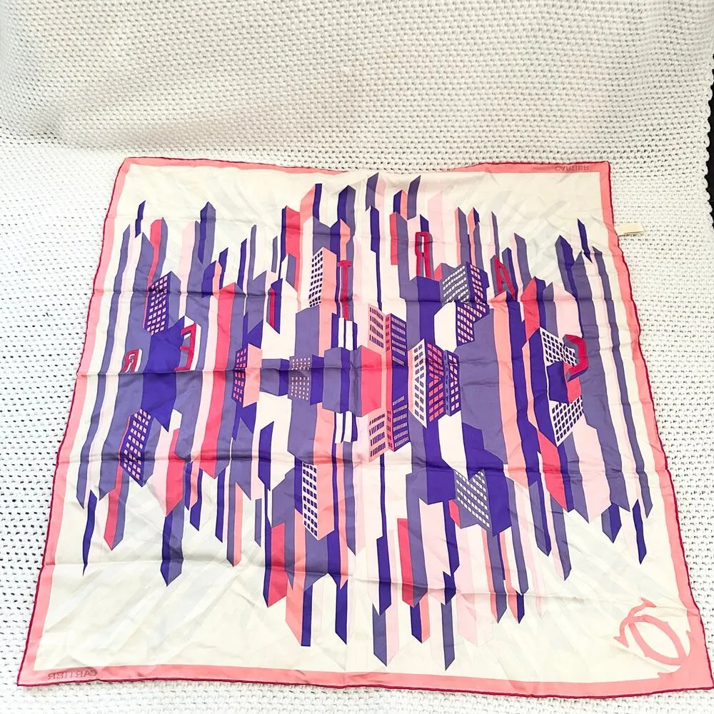 Cartier Pink Purple Ivory Geometric Skyline Cityscape Spellout Silk Square Scarf - Image 10