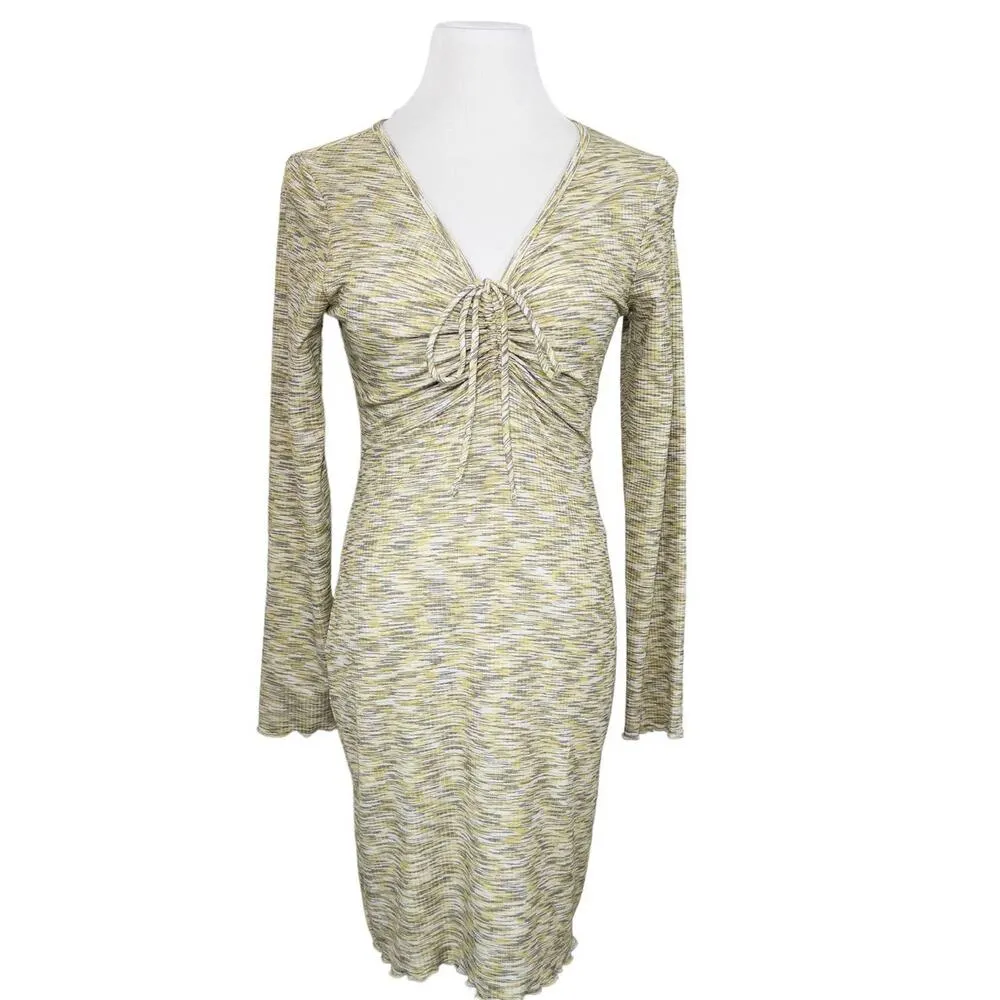 Lisa Says Gah NEW Lotta Space Dye Tie Front Long Sleeve Mini Dress Yellow Medium - Image 2