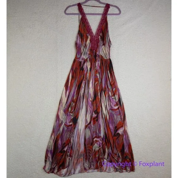 New! Free People Siren Maxi Top‎ Lace Trim Straps Slit Marble Red Purple Gray, M - Image 3