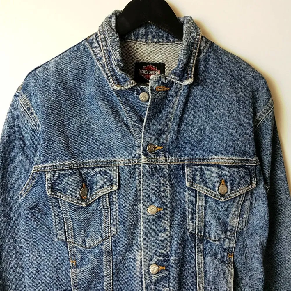90s Vintage Harley Davidson Motorcycles Womens Medium Blue Denim Jacket Eagle M - Image 5